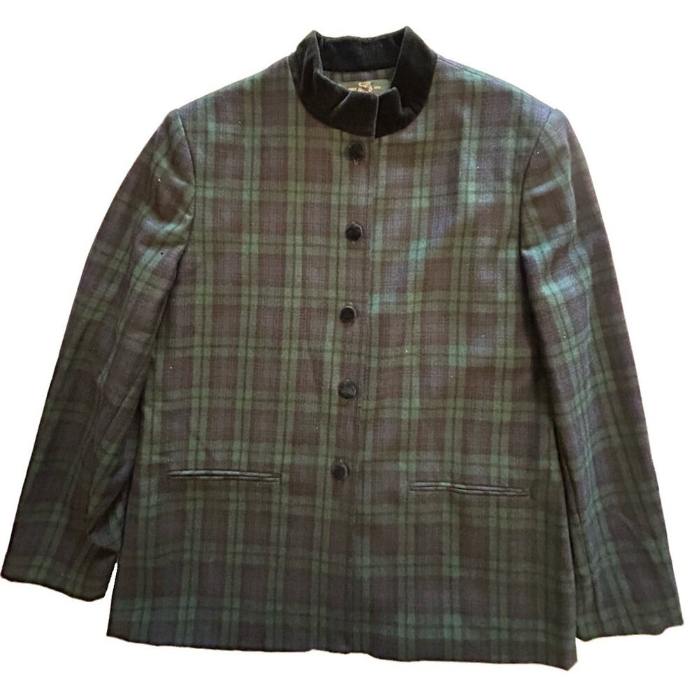 Vtg Orvis Plaid Tartan Green Blue Blazer Wool Black Velvet Collar Jacket Size 16